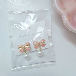 Coquette Pink Bow Faux Pearl Dangle Earrings
